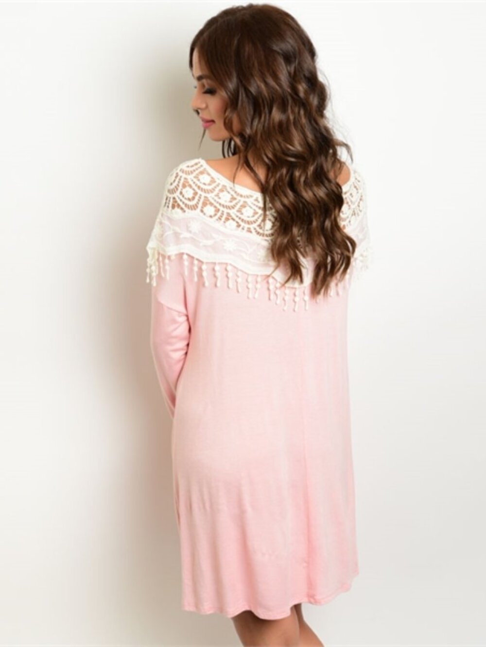 Women Lace Mini Dress Fringe Long Sleeve Crochet, Pink, Size S - Picture 2 of 6